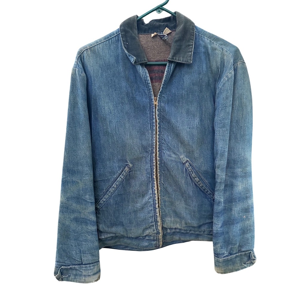 Vintage Blanket Lined Denim Work Jacket Corduroy Collar Distressed Size 36